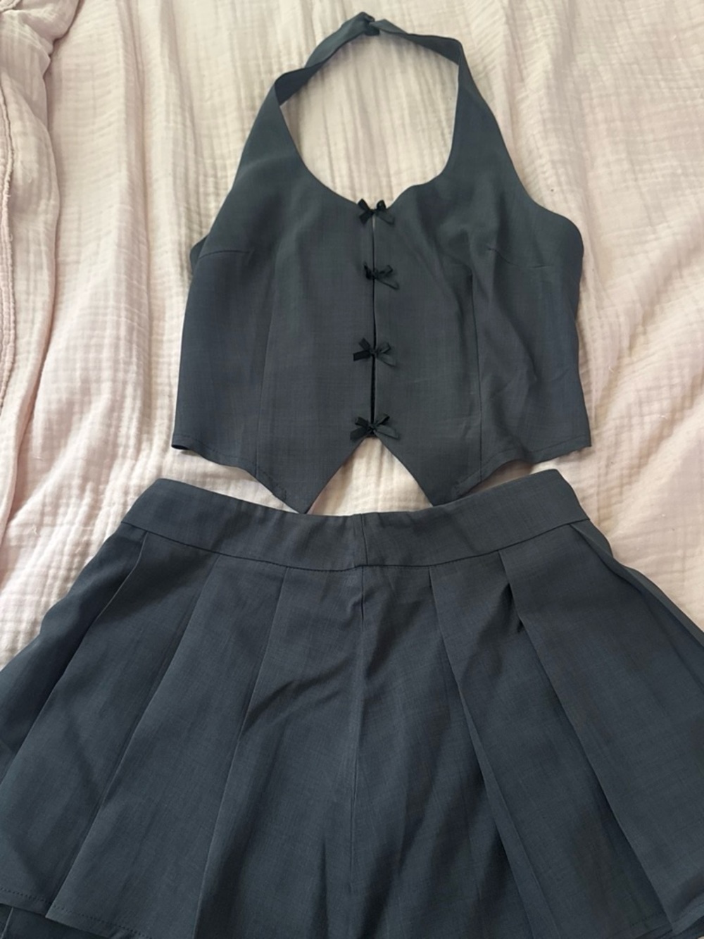Charcoal Gray Halter Corset Top & Pleated Mini Skirt Set